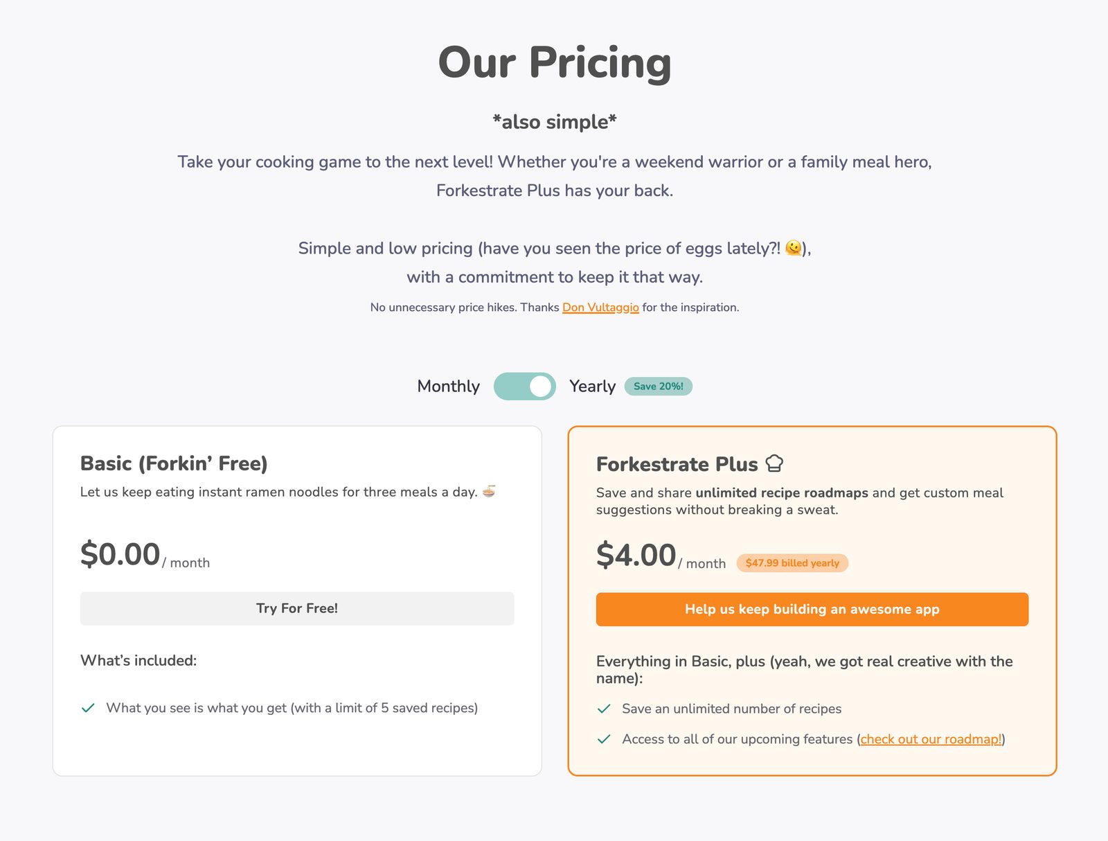 Pricing page for the AI Recipe Book app