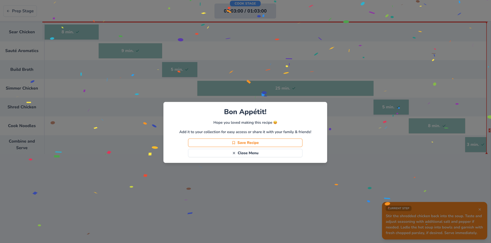 Dish complete screen — completion moment in the cooking assistant