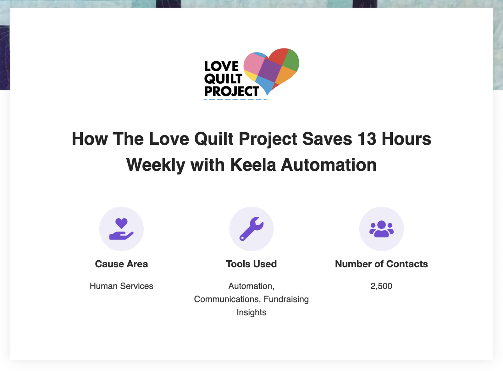 Keela customer case study featuring automation — Love Quilt Project