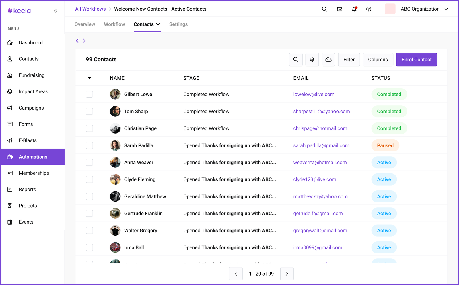 Prototype 3: Pausing and reactivating individual contacts in a workflow