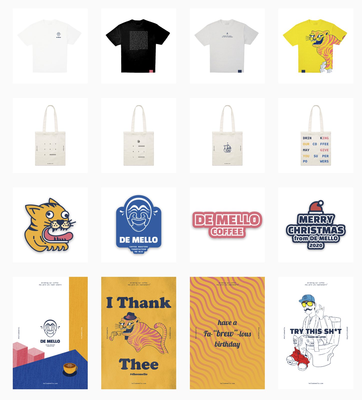 De Mello merchandise — apparel, tote bags, enamel pins, and postcards