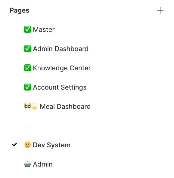 Figma assets panel showing pages organized by feature — searchable by context
