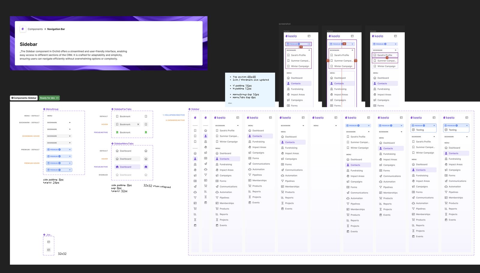 Figma documentation with developer annotations and usage notes