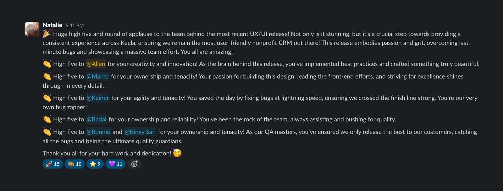 Phase 1 release recognition team collaboration across PM, Engineering, and QA