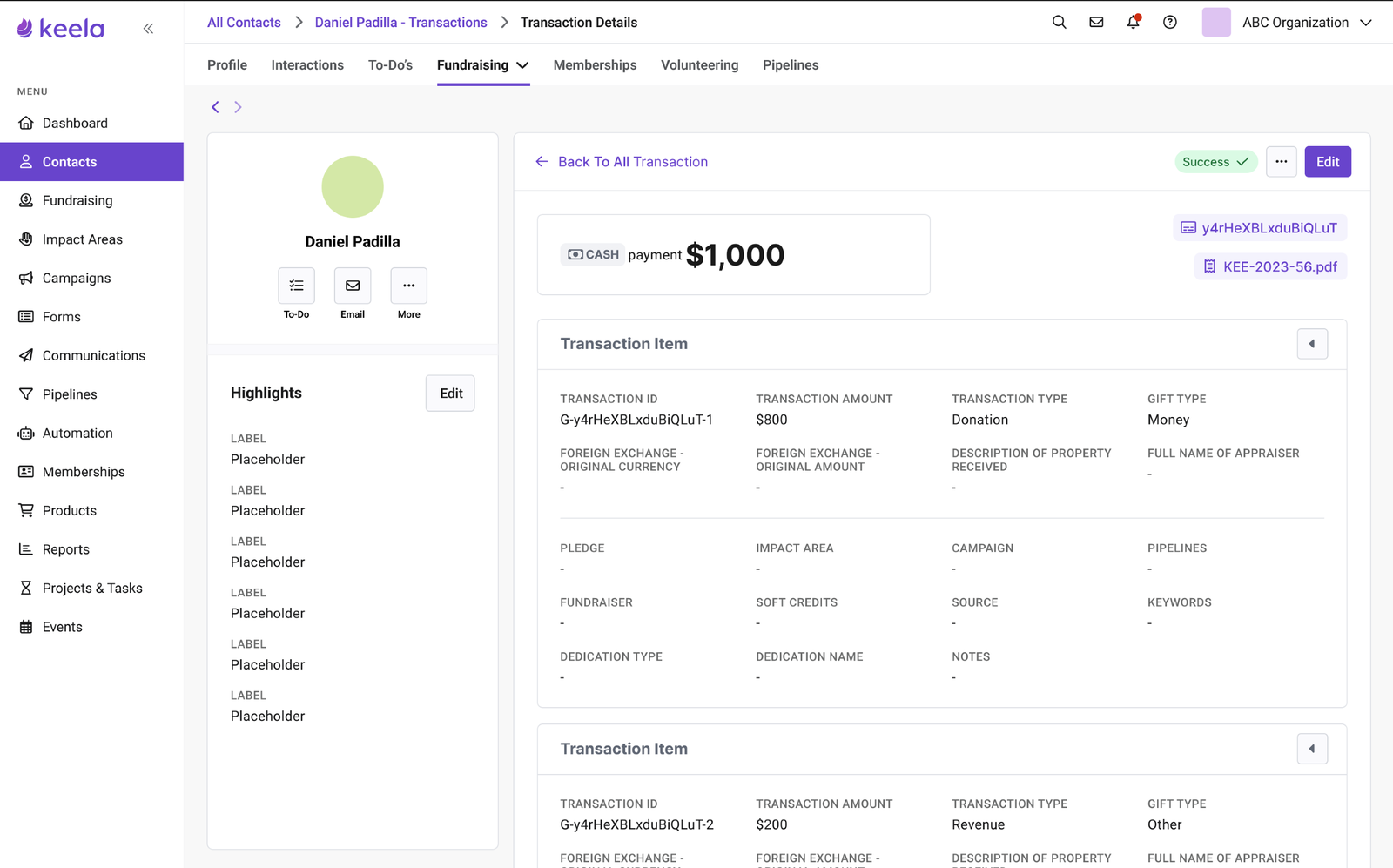 V3 transaction detail layout — associations secondary, items primary
